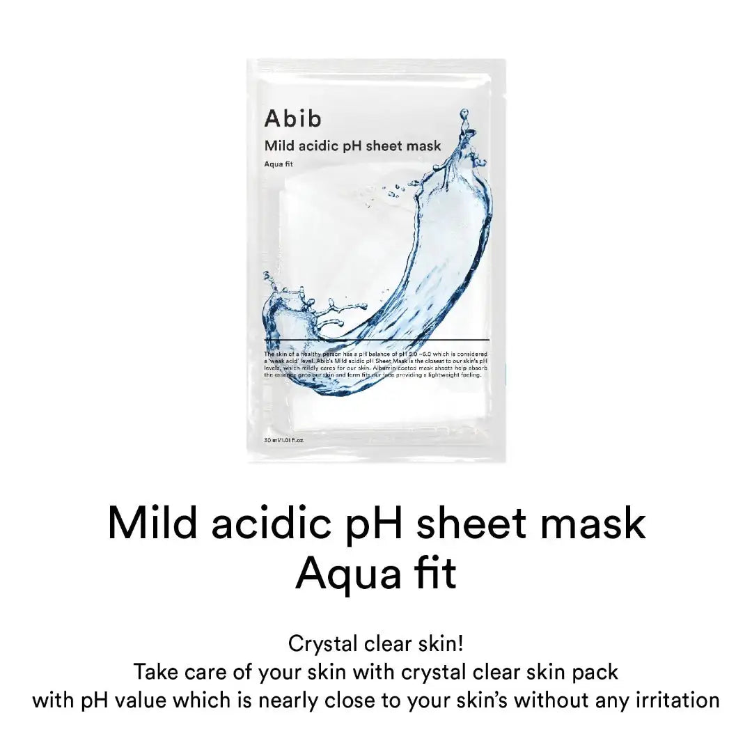 Abib Mild Acidic pH Sheet Mask Aqua Fit Abib sheetmasker Aqua fit, witte sachet met blauw watergolf en pH-tekst