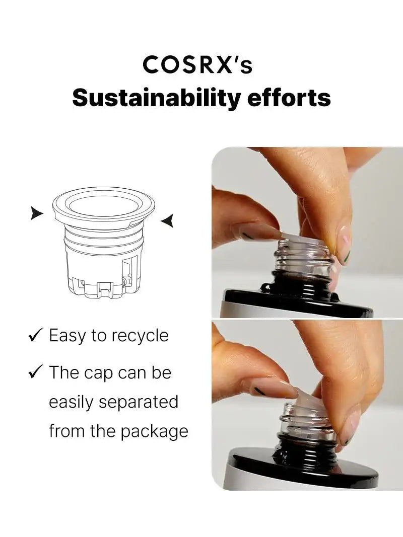 COSRX Niacinamide 15-serumverpakking met glazen fles en zwarte dop, met recycle-icoon