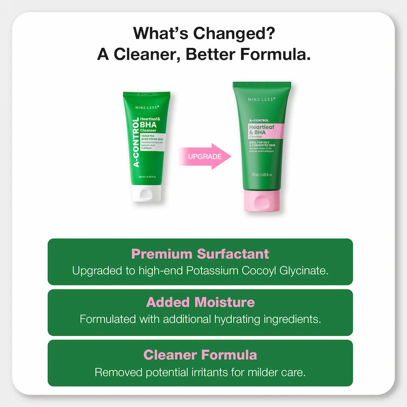 Vergelijking van de oude en nieuwe verpakking van de Nineless A-CONTROL Heartleaf & BHA Cleanser, met uitleg over de vernieuwde formule.