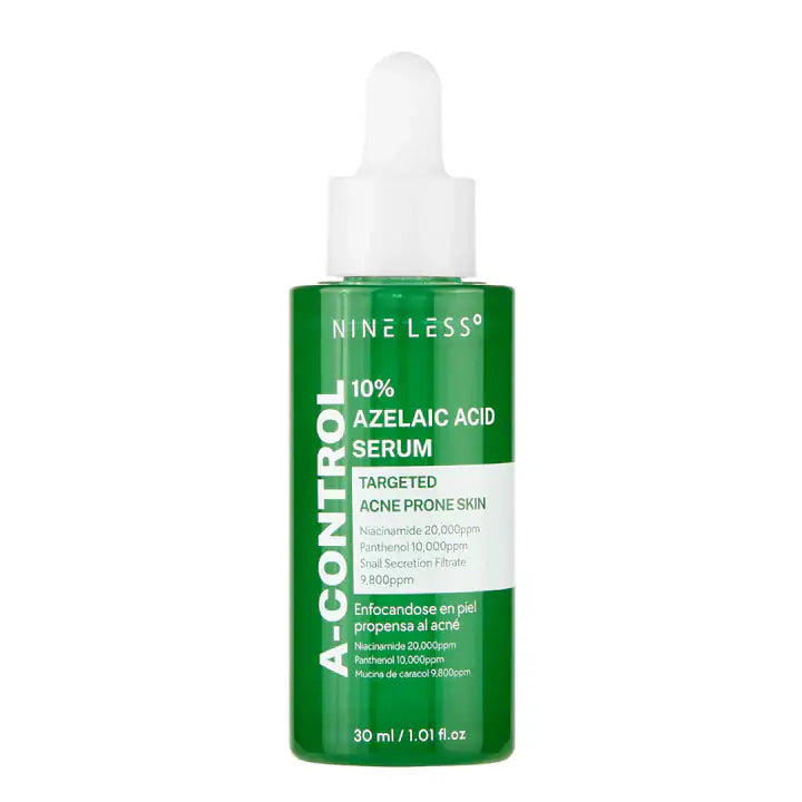Azelaïnezuurserum met witte druppelaar, groene fles, Nine Less, 30 ml