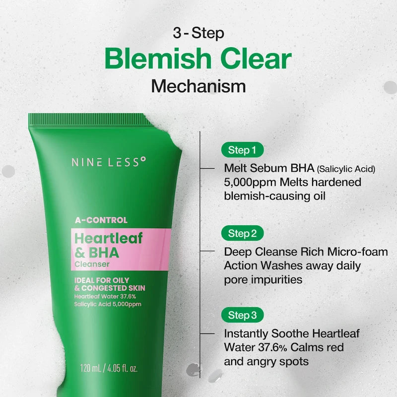 Groene tube Nineless A-CONTROL Heartleaf & BHA Cleanser naast een driestappenoverzicht met BHA, microfoam en Heartleaf Water.