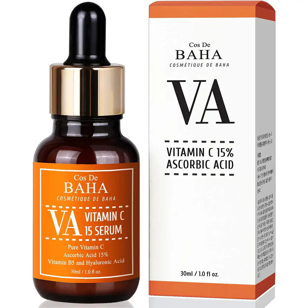 Vitamine C-serumfles en kartonnen doos, VA 15% ascorbinezuur, 30 ml.
