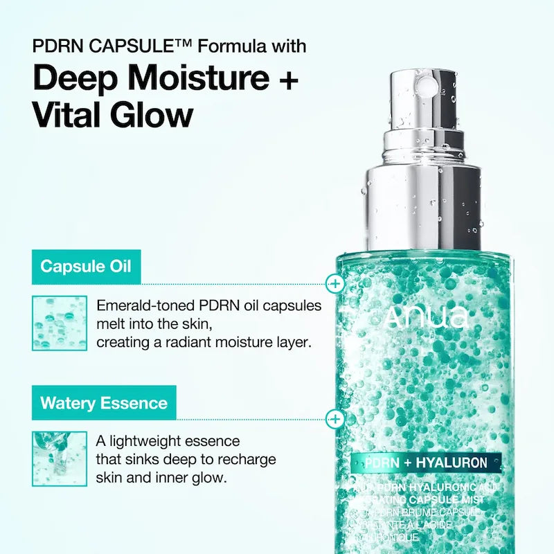 Anua PDRN Capsule Mist formule - smaragdgroene PDRN oil capsules en lichtgewicht watery essence voor diepe hydratatie en inner glow