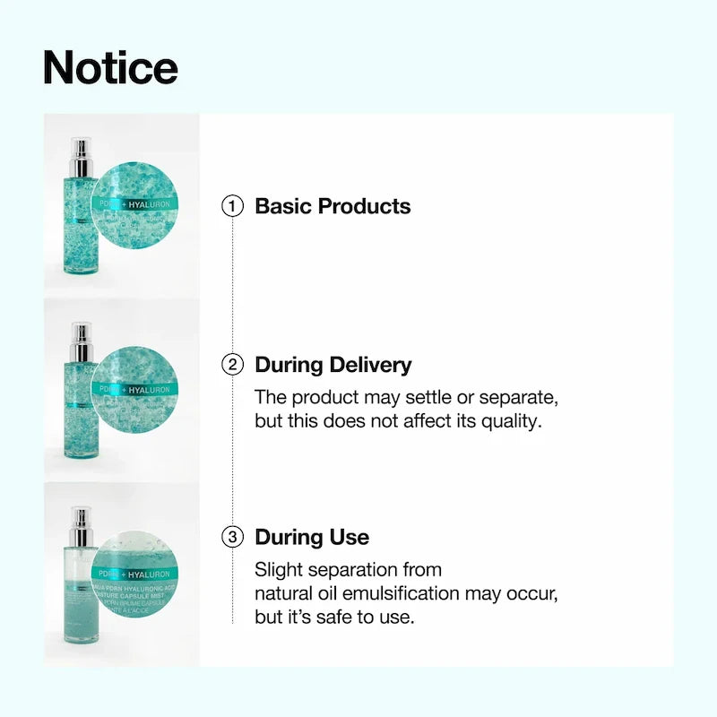 Anua PDRN Capsule Mist notice - product kan bezinken tijdens levering en gebruik door natuurlijke oil emulsificatie, dit is normaal en veilig