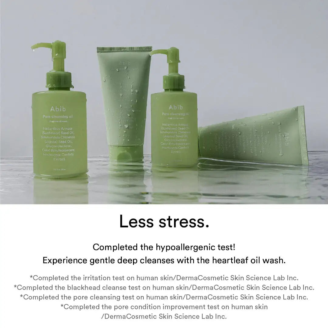 Abib Pore cleansing oil Heartleaf oil-wash Set groene flessen en tube met pompkop voor gezichtsreinigende olie.