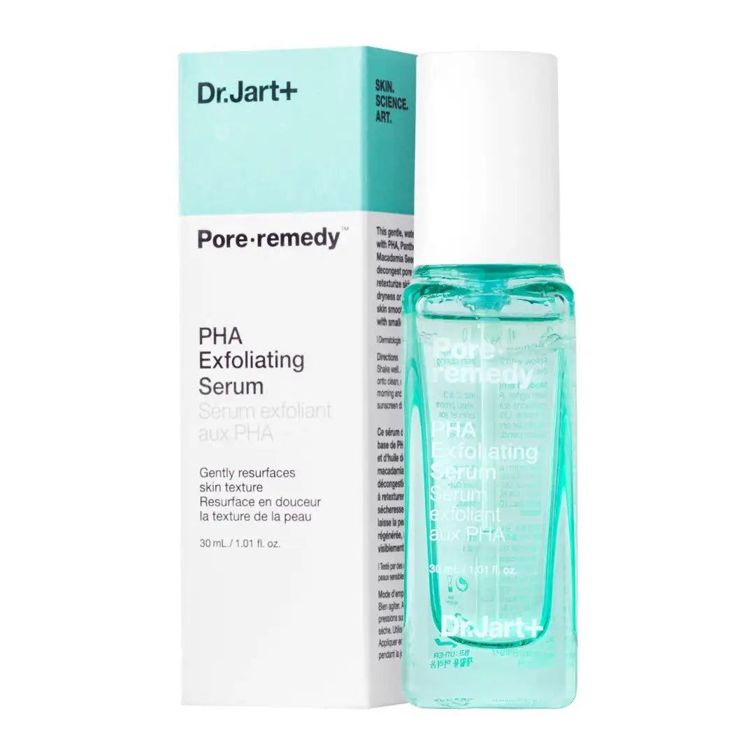 Dr. Jart+ Pore Remedy PHA Exfoliating Serum Exfoliërend PHA-serum: turkoois flesje met witte dop en Dr.Jart+ doos