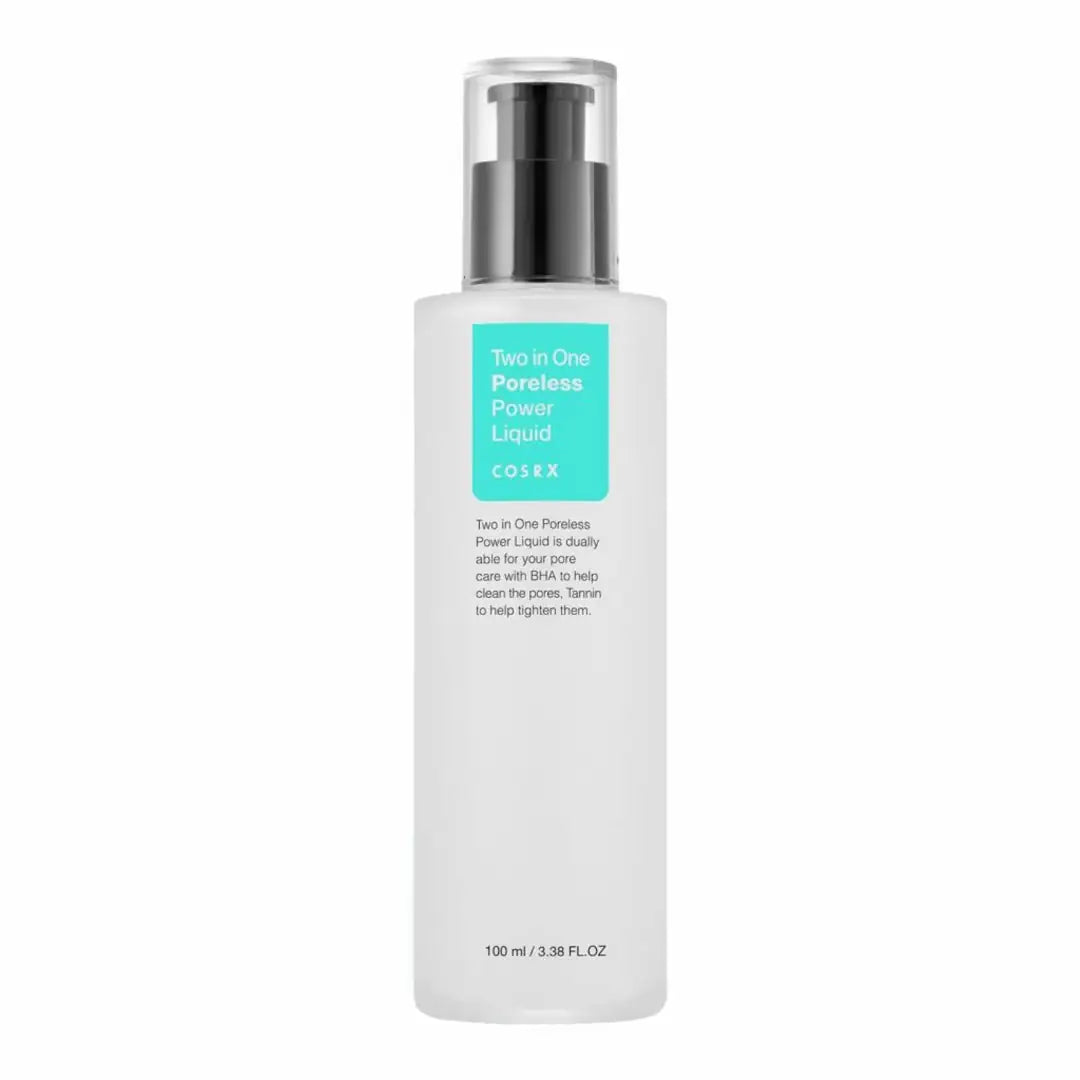Flesje gezichtsliquid met zwarte dop en witte fles, turquoise label.