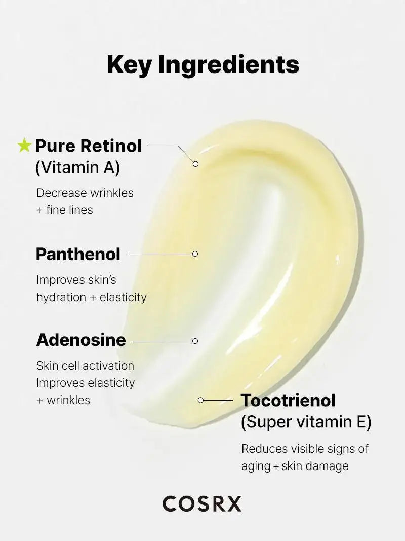 COSRX retinolcrème 0,1 met gele crèmeklodder en sleutelingrediënten
