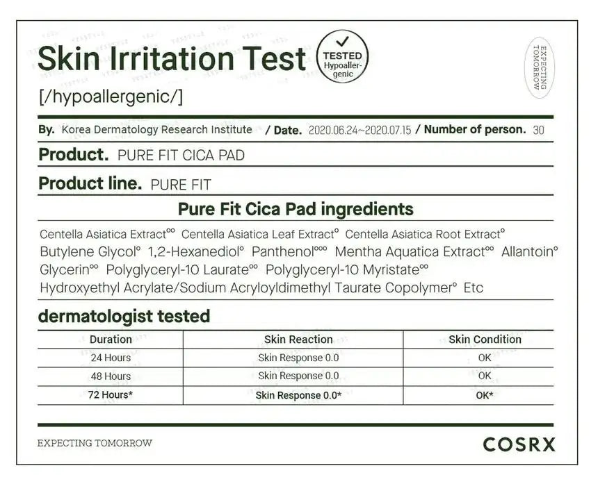 Pure Fit Cica Pad ingrediënten- en testlabel met dermatologische info