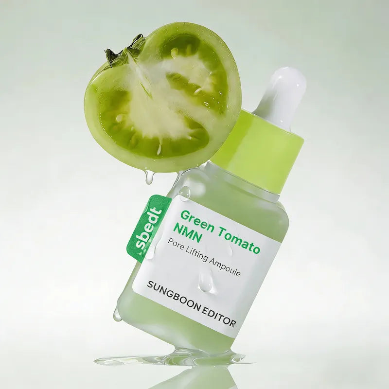 Tomaat + flesje SUNGBOON EDITOR Green Tomato NMN Pore Lifting Ampoule 40ml – flesje met groene tomaat