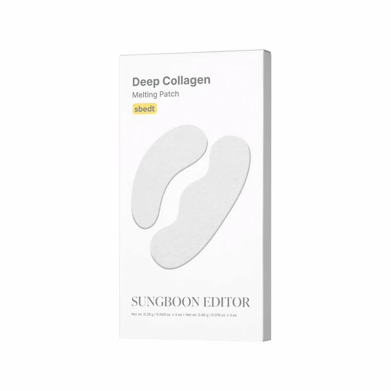 Witte verpakking van Sungboon Editor Deep Collagen Melting Patch met afbeeldingen van twee witte patches.