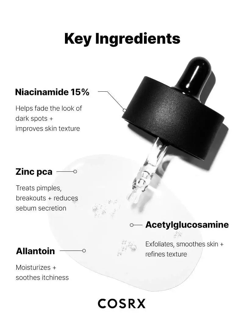 Niacinamide 15-serumfles met zwarte pipet en transparante druppels