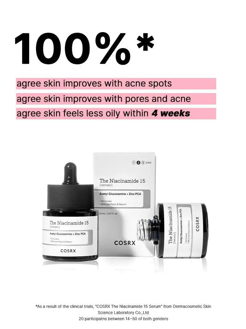 Niacinamide 15-serumset met fles en verpakking, zwarte dop en witte etiketten
