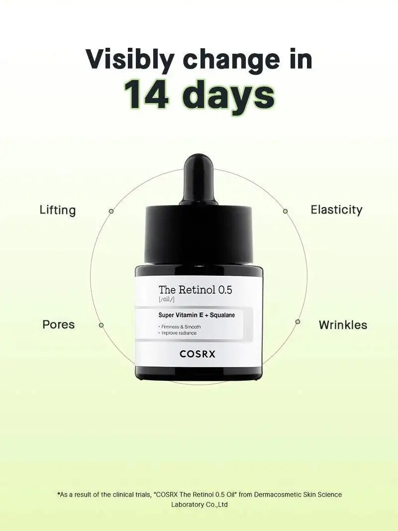 Retinol-olieflacon met zwarte druppelaar en COSRX-label, omringd door indicaties