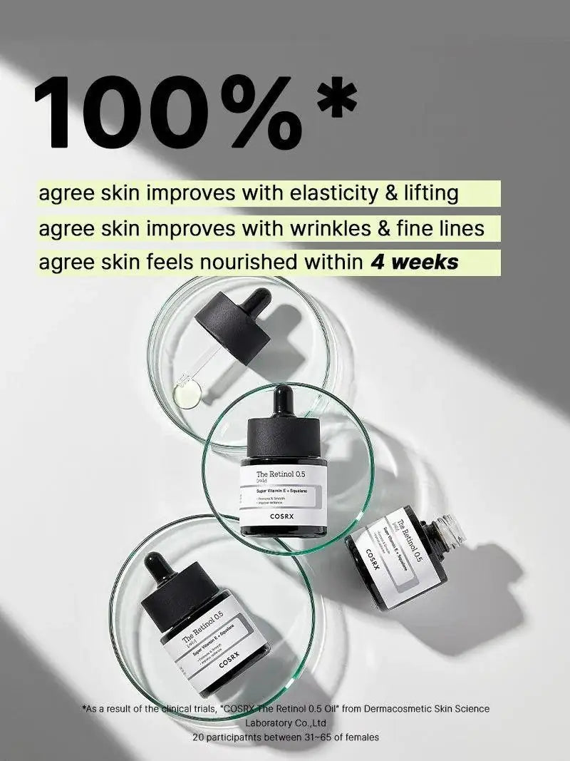 Retinol-olieflacons en druppelaar op setje, met 100% claim en labels
