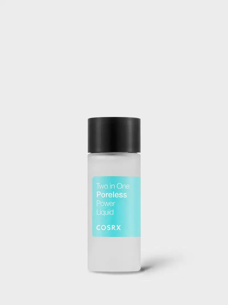 Wit flesje gezichtsliquid met zwarte dop en turquoise label vooraan.