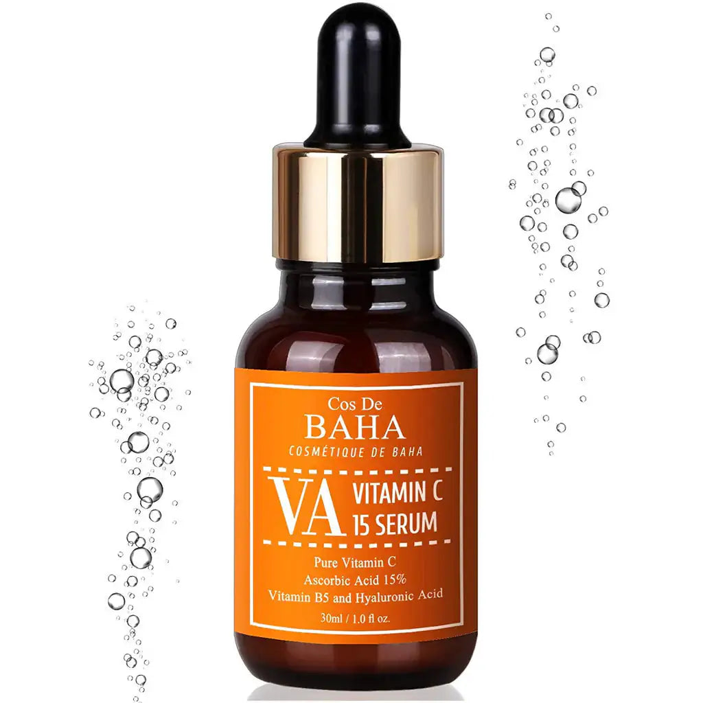Vitamine C-serumfles met zwarte dop en oranje etiket, 30 ml.