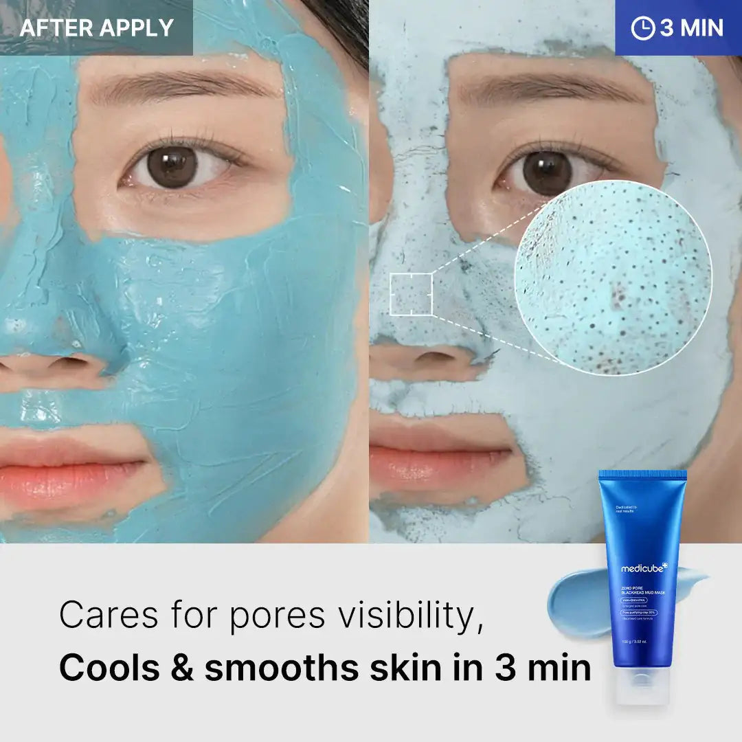 Moddermasker op gezicht, met blauwe tube in beeld